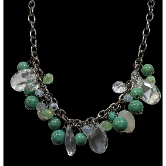 Vintage Clear And Faux Turquoise Beaded Cluster Charm Necklace - Picture 4 of 5